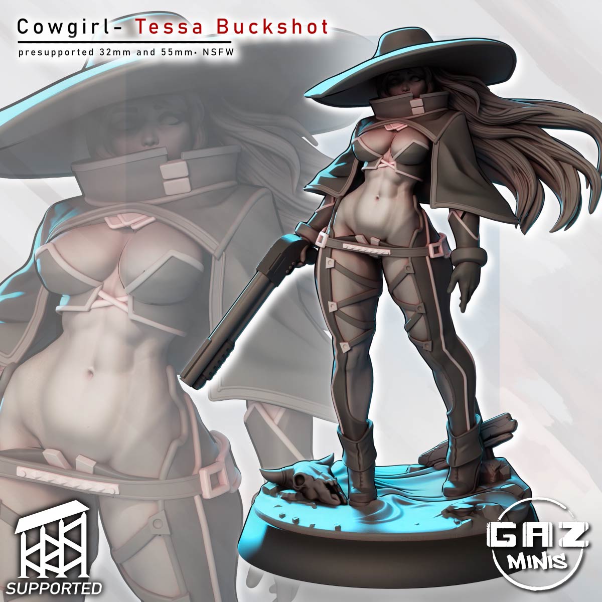 Battle Cowgirl Pinup | 32mm and 55mm Unpainted Resin Kit Model